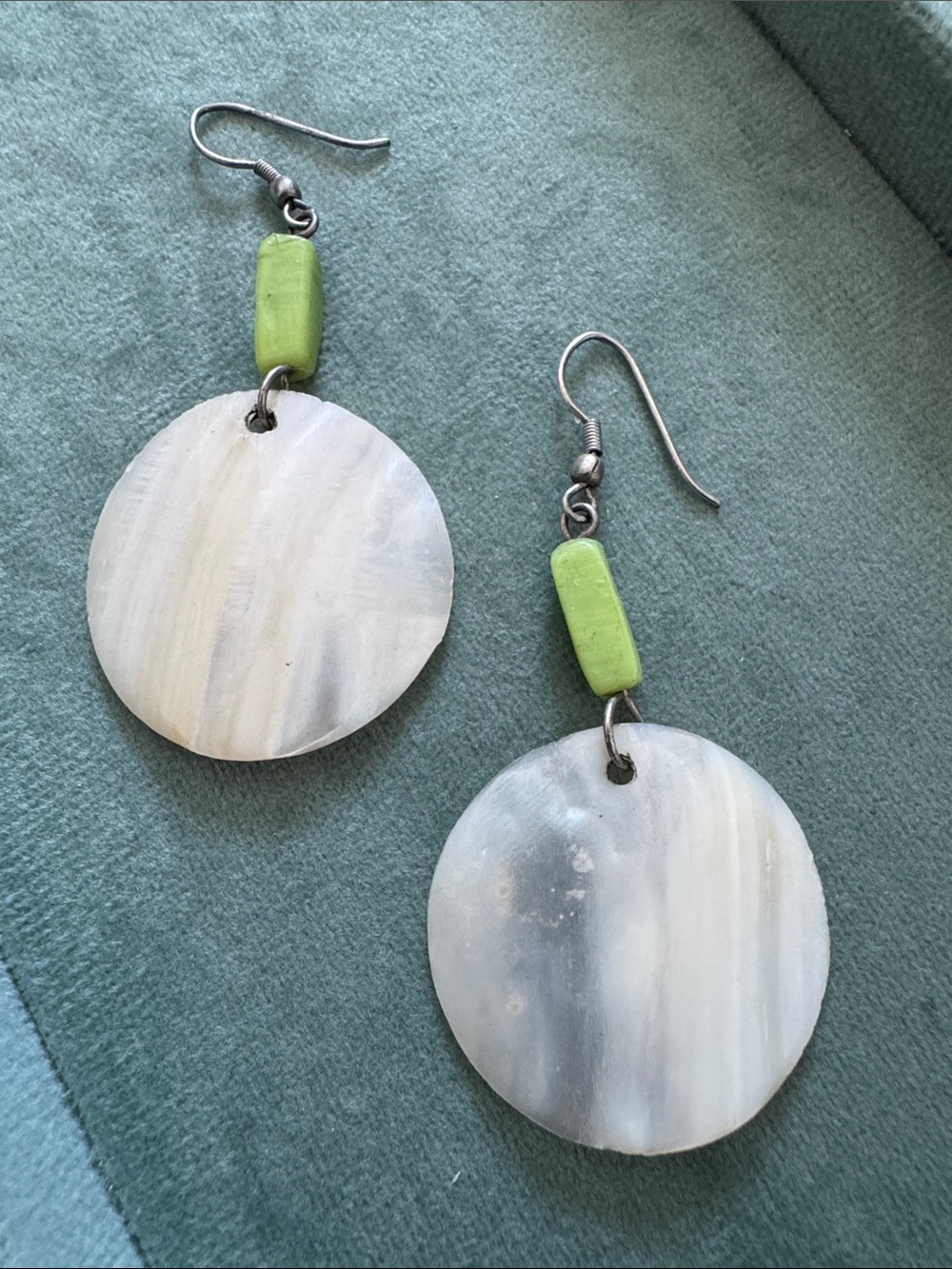 Handcrafted White Shell Disc Earrings with Lime Accent - Picture 2 of 4